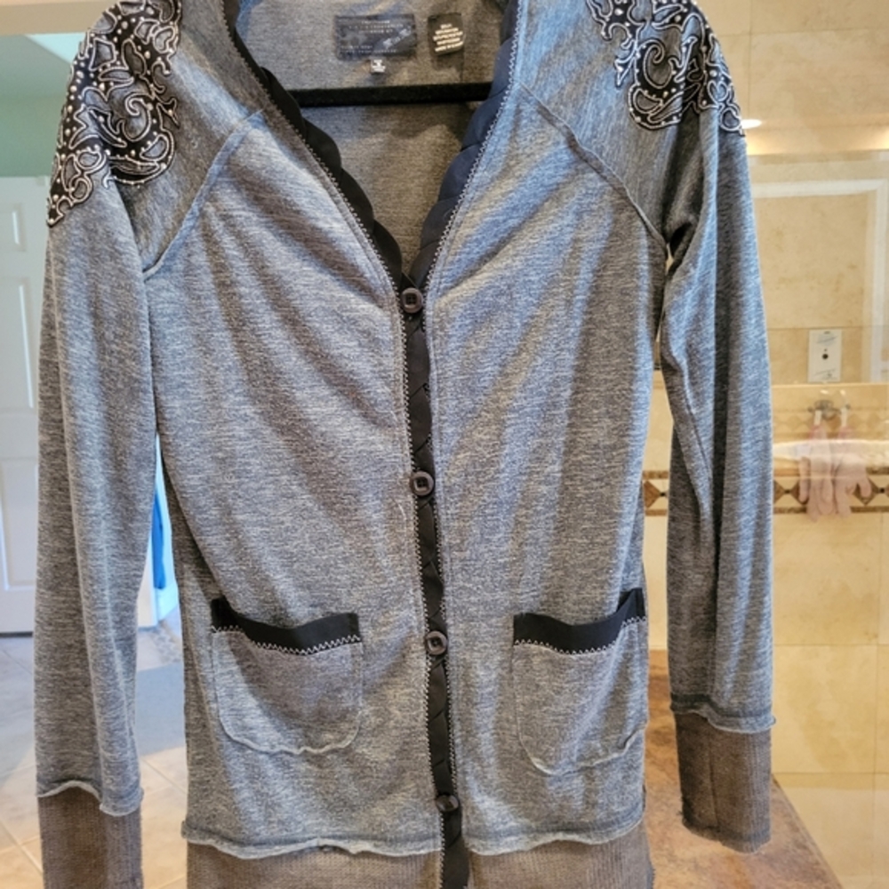 Miss me gray black knit cardigan sweater long sleeves with rhinestones..